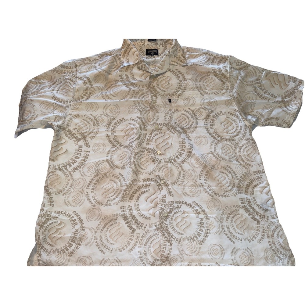 Rocawear Men's Beige White Graphic Print Short Sleeve Button-Up Shirt Size 2XL
